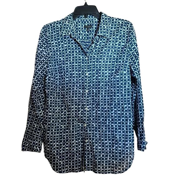 Talbots Top Womens Medium Blue White Print Button Up Cotton Shirt Blouse - Picture 1 of 8